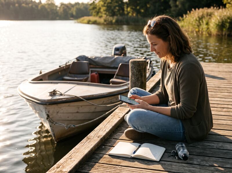 Frau lernt auf einem Steg am See mit dem Handy für den Bootsführerschein